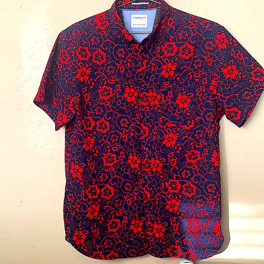 Men Denim & Flower Button Up Shirt Blue Floral Print